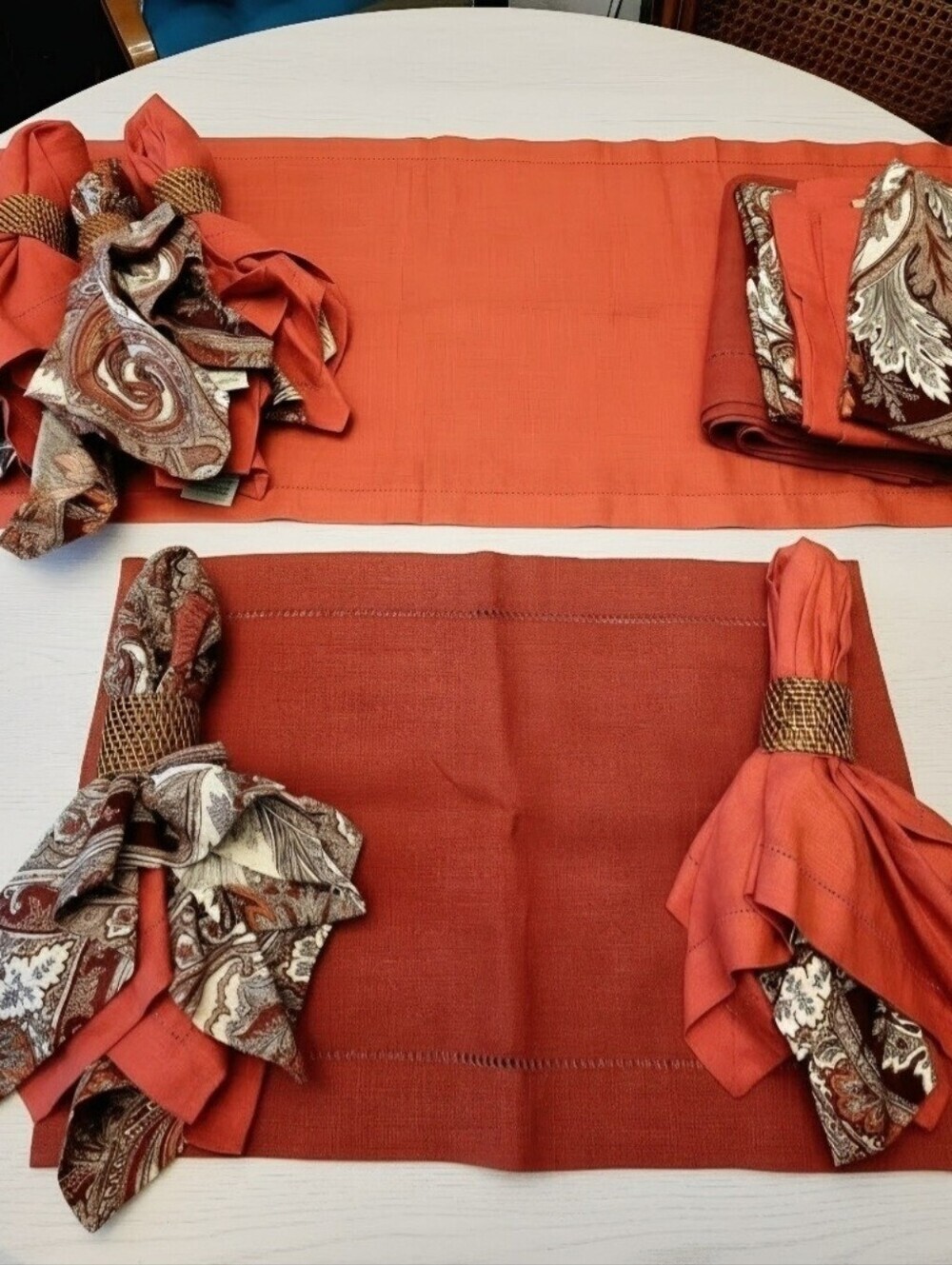 29 pc Pottery Barn Linen Set Paisley Runner Placemats Napkin Rings Linen Cotton